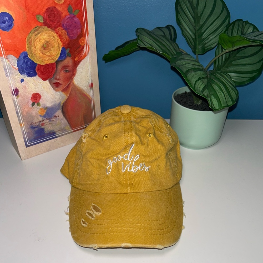 WOMENS MUSTARD YELLOW GOOD VIBES DISTRESSED CAP